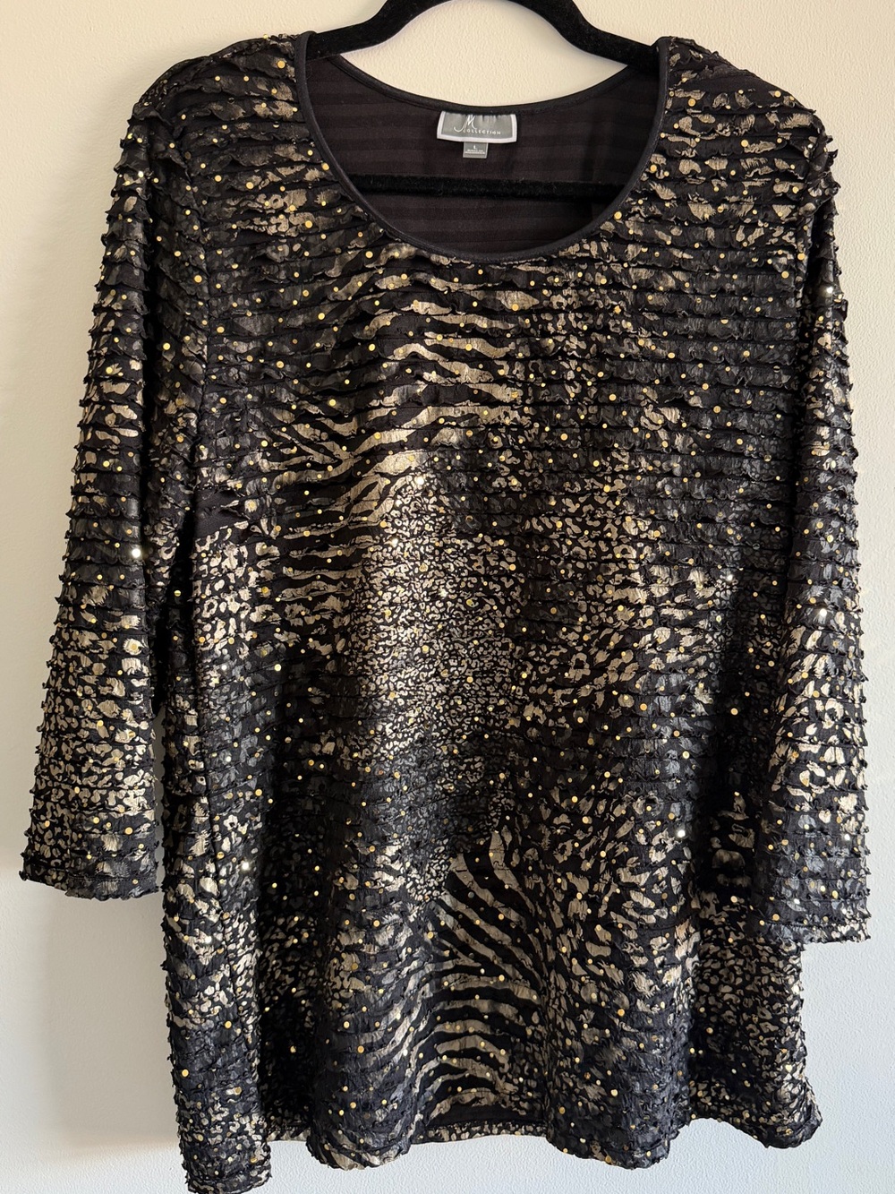 JM Collection Black Tunic with Gold Metallic Animal Print